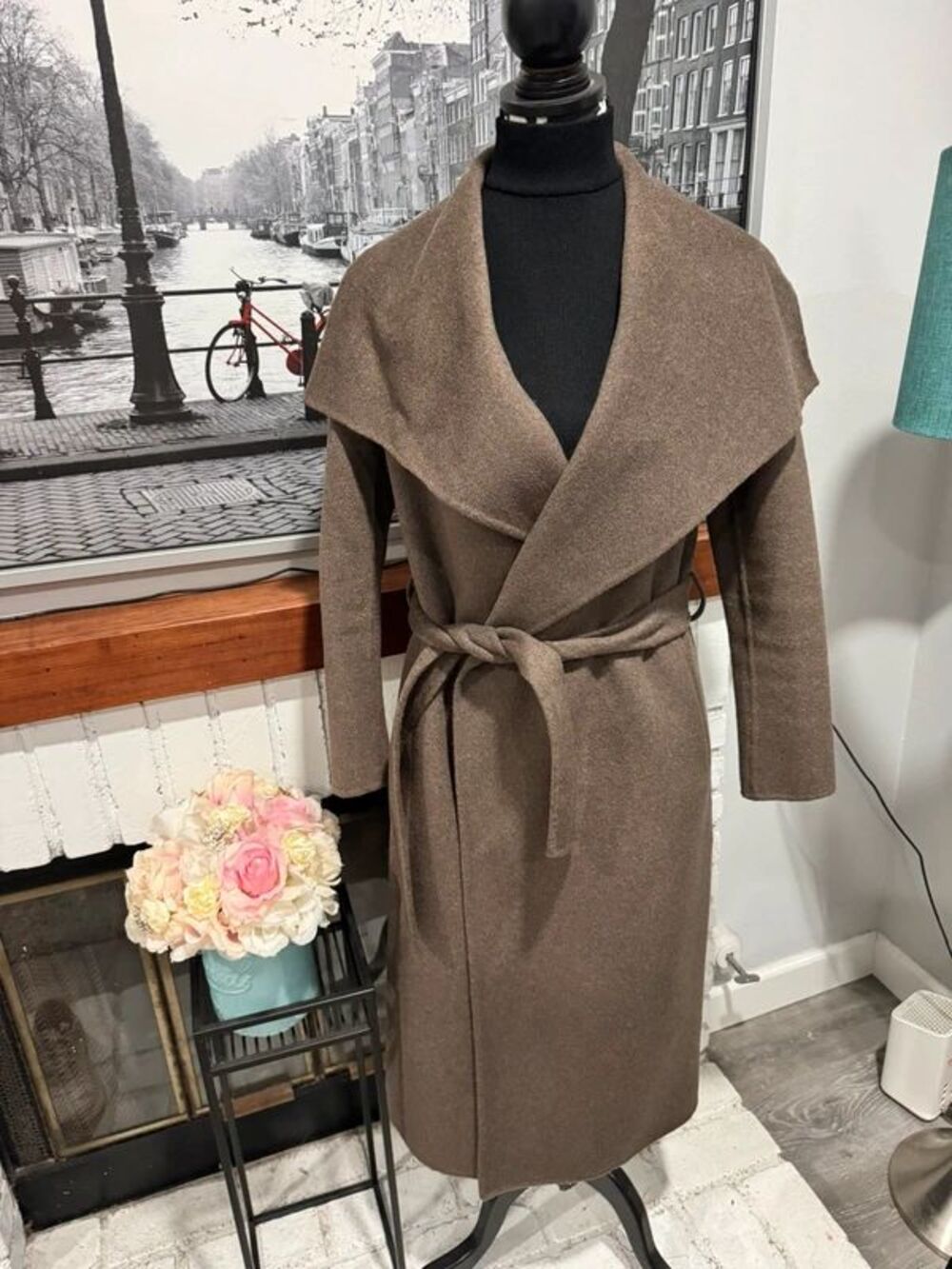 Quince Double-Faced Merino Wool Draped Collar Wrap Long Coat “Cocoa Melange”